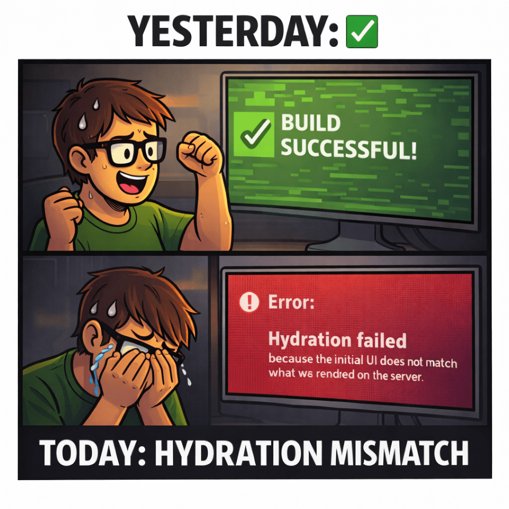 Hydration mismatch jump-scare meme